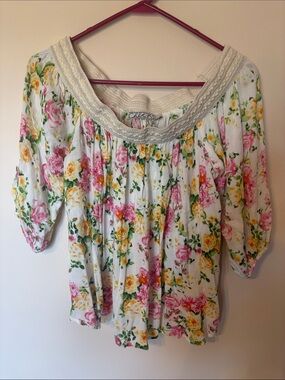 Chloe K White Off-Shoulder Floral Top with Pink & Yellow Roses